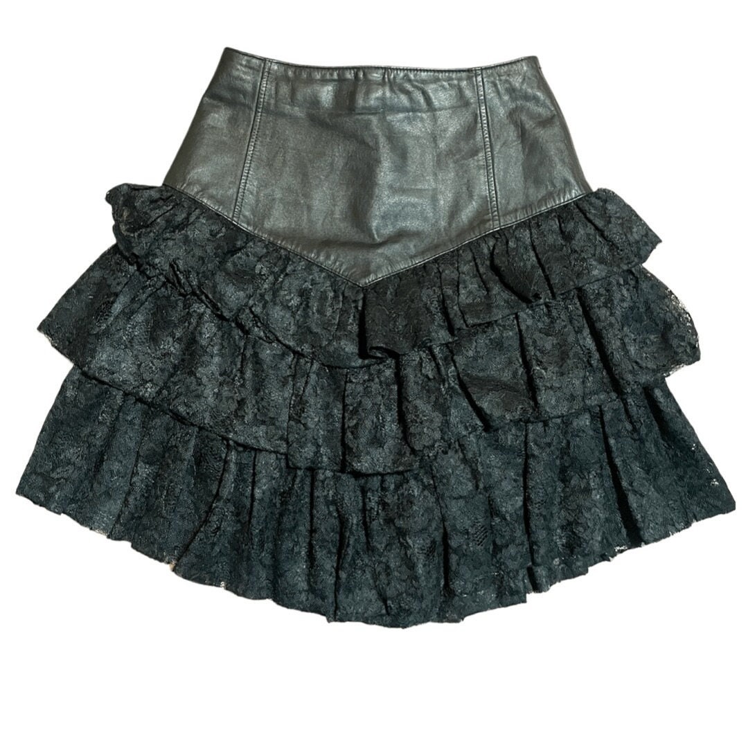 Vintage 90s Wilsons Leather chia Black Leather Skirt W Lace Etsy UK