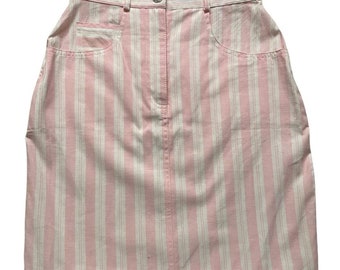 Vintage 80s/90s Pink & White Striped Denim Like Pencil Mini Skirt w/ Art Deco Button Size X-Small-Small