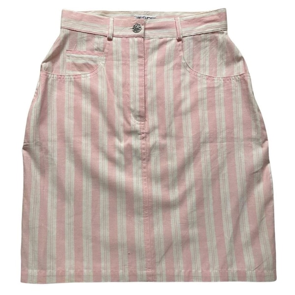 Vintage 80s/90s Pink & White Striped Denim Like Pencil Mini Skirt w/ Art Deco Button Size X-Small-Small