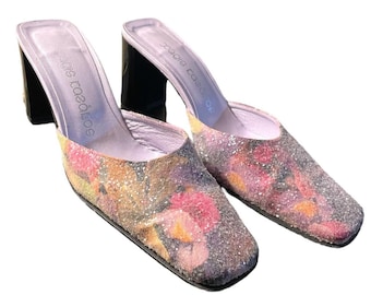 Vintage Floral Crystal Embellished Mule Heels  Made in Greece by xaris kazakos Size 37 (European Sizing) = about a 6.5 US size