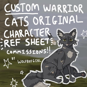 Peut inclure: Un chat noir et blanc avec des taches grises est assis sur une surface herbeuse verte. Le chat a une tache blanche sur la poitrine et une pointe de queue blanche. Le texte "CUSTOM WARRIOR CATS ORIGINAL CHARACTER REF SHEET - COMMISSIONS!! BY WOLFBOY GIRL" est écrit au-dessus du chat.