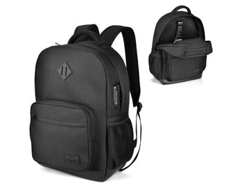 May include: Black backpack with a diamond-shaped logo on the front, a zippered pocket, and a mesh side pocket. The backpack has a combination lock on the side and a drawstring closure at the top.