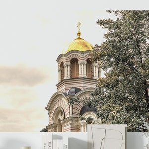 Golden Dome and Cross Closeup European Church Storm Clouds Riga Latvia
