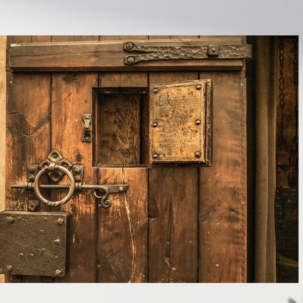 Medieval Brown Wooden Door with Brass Hatch and Iron Lock