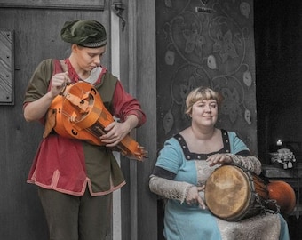 Bargain Frames | Women In Medieval Costume Playing Hurdy Gurdy And Drum