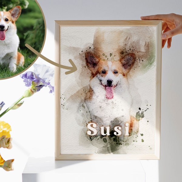 Tier Portrait "AQUARELL" personalisiert mit Namen | Hundeportrait nach Foto | Individuelle Illustration für Tierliebhaber | Haustier Gravur