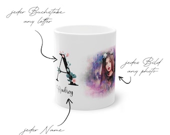 Tasse personnalisée avec nom | Tasse à café en céramique avec nom souhaité | Nom du cadeau, lettre et portrait au look aquarelle