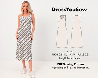 Jurk patroon. Getailleerde jurk met biesjes en biaisnaad, digitaal PDF-patroon, maten UK6-26, EU 34-54, US2-22, hoogte 168-174 cm.