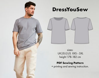 T-shirt pattern. Classic straight t-shirt  sewing digital PDF pattern, sizes  XXS-5XL height 178-182cm.