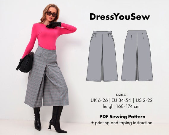 Modello Gonna Pantaloni. Culotte con pieghe invertite Cartamodello digitale PDF taglie UK6 26 EU34 54 US2 22 altezza 168 174 cm. Etsy Italia