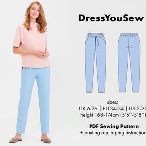Trousers pattern. Women&#39;s sport-style trousers PDF digital sewing pattern, sizes UK6-26, EU34-54, US2-22.