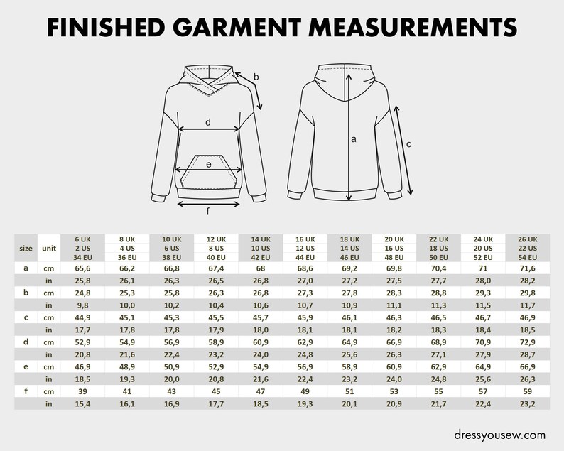 May include: A technical diagram titled FINISHED GARMENT MEASUREMENTS showing the front and back view of a hooded sweatshirt with labeled points a through f. Below the illustrations is a comprehensive sizing chart with measurements in inches and cm.