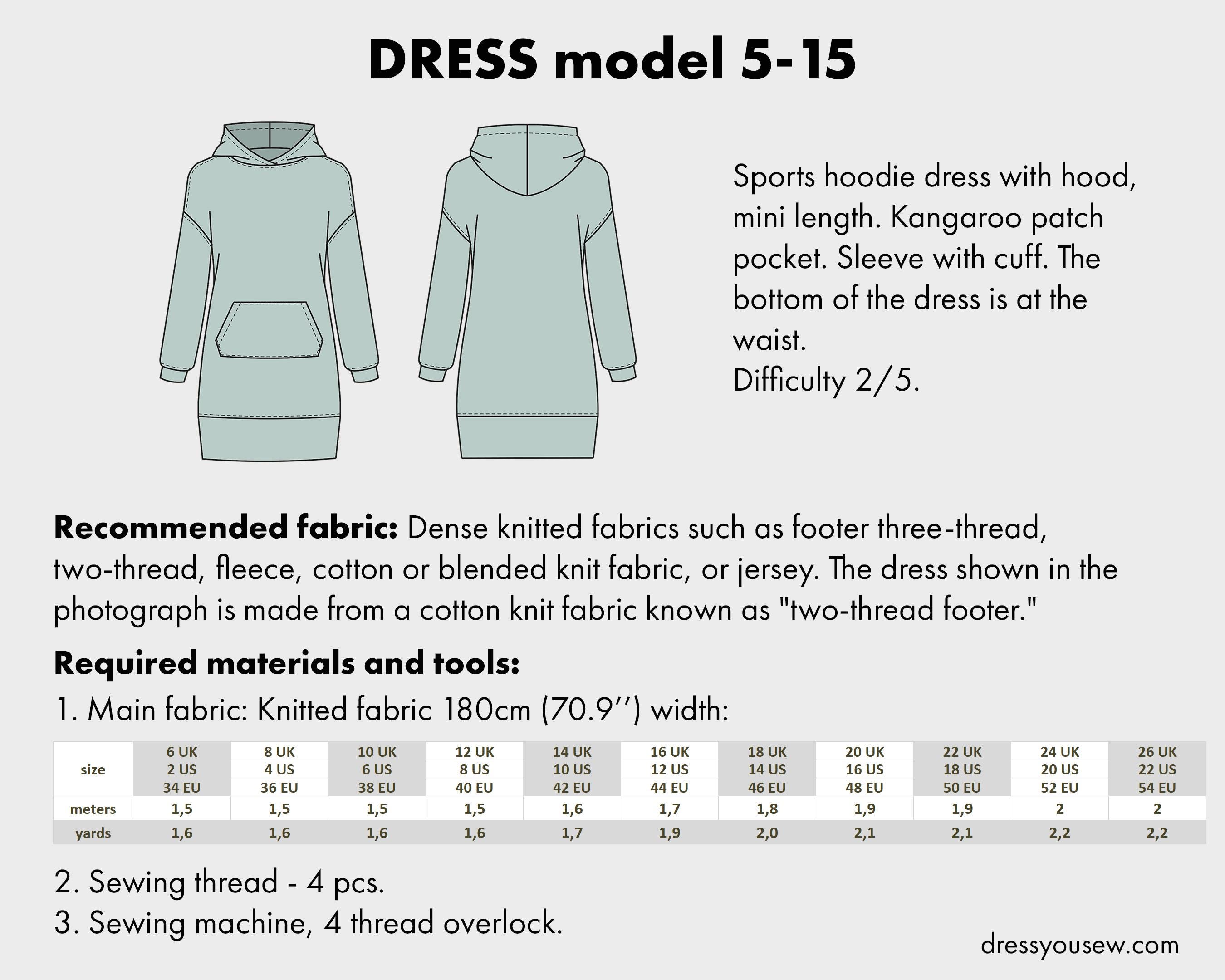 Sports Hoodie Dress Parrern With Hood, Mini Length, Sewing