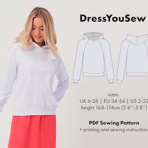 Hoodie pattern. Hoodie with raglan sleeves sewing digital PDF pattern, sizes UK6-26, EU34-54, US2-22.