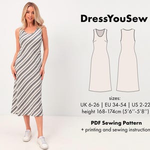 Dress pattern. Pintuck fitted dress with cut on the bias sewing digital PDF pattern, sizes UK6-26, EU 34-54, US2-22.