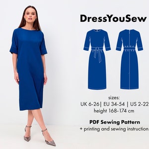 Dress pattern. Midi dress pattern with straight silhouette  sewing digital PDF pattern, sizes UK 6-26, EU 34-54, US2-22, height 168-174cm.