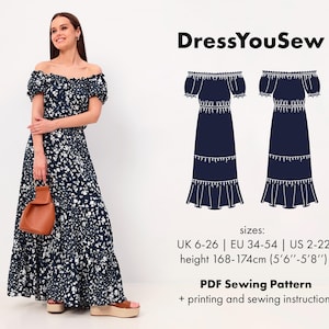 Dress pattern. Maxi summer dress  sewing digital PDF pattern, sizes UK6-26, EU 34-54, US2-22.