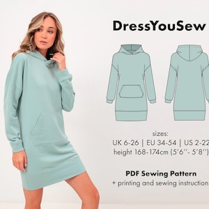 Sports hoodie dress parrern with hood, mini length, sewing digital PDF pattern, sizes UK6-26, EU34-54, US2-22.