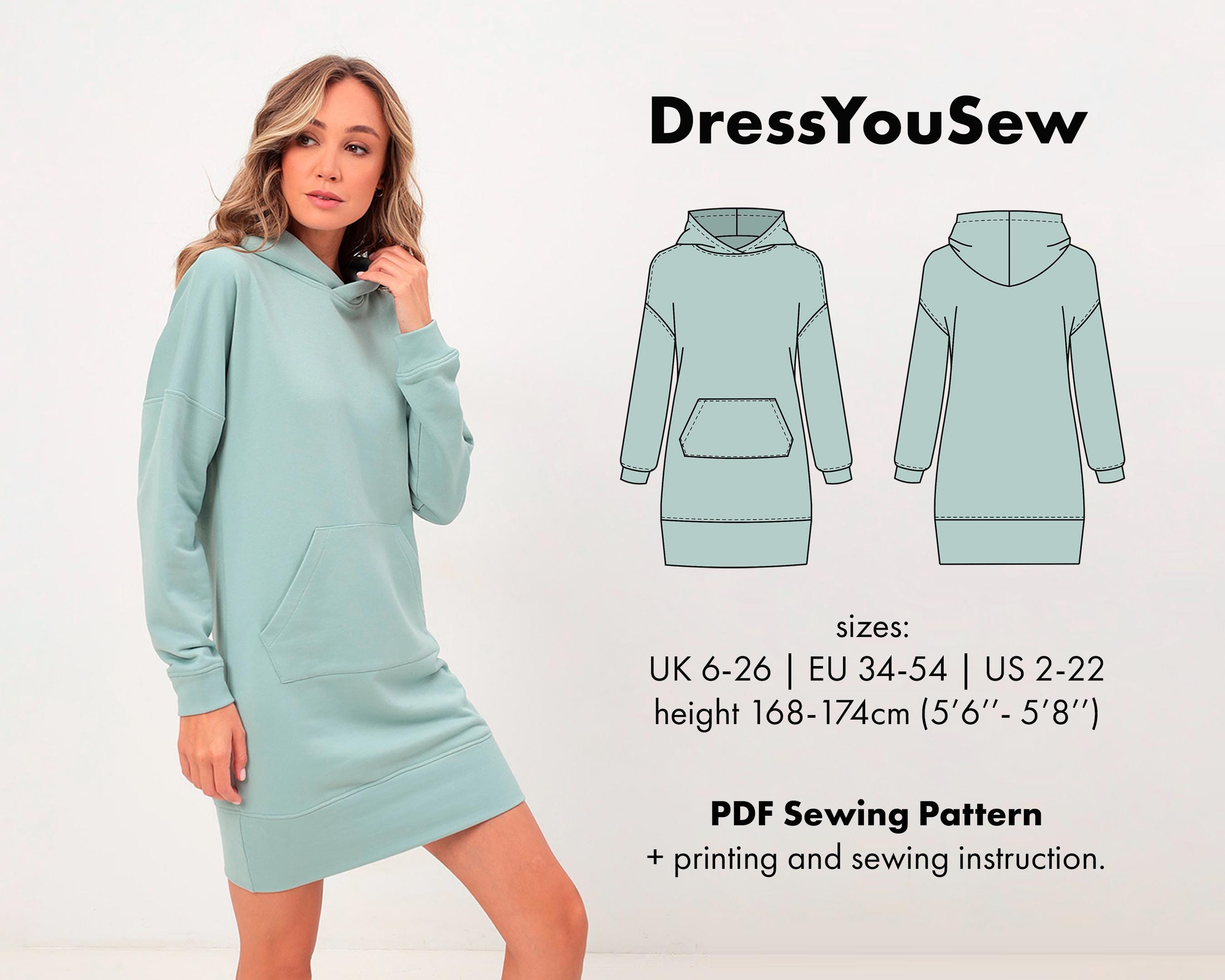 Sports Hoodie Dress Parrern With Hood, Mini Length, Sewing