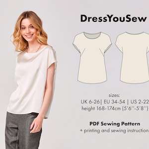 Women&#39;s basic top pattern. Top with a round neckline sewing digital PDF pattern, sizes UK6-26, EU34-54, US2-22.