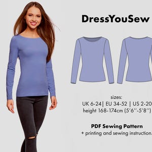 Long-sleeve pattern. Classic fitted long-sleeve sewing digital PDF pattern, sizes UK6-24, EU 34-52, US2-20.
