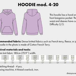 May include: A sewing pattern for a light purple hoodie labeled HOODIE mod. 4-20. The image displays front and back technical drawings, a kangaroo pocket, cuffs, and a detailed table listing required fabric amounts in meters and yards for various sizes.