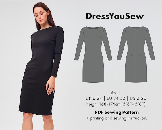 Dress Pattern. A Semi-fitted Sheath Dress With Long Sleeves, Sewing Digital  PDF Pattern, Sizes UK6-24, EU 34-52, US2-20. - Etsy