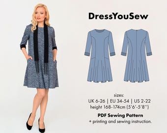 ドレスの型紙。フレアスカートとポケット付きのドレス。縫製用デジタルPDF型紙。サイズ：UK6～26、EU34～54、US2～22。