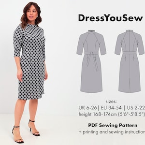 The dress pattern has a semi-fitted silhouette with raglan sleeves: digital PDF pattern, sizes UK6-26, EU 34-54, US2-22.