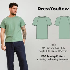 T-shirt pattern. Classic raglan t-shirt  sewing digital PDF pattern, sizes  XXS-5XL.