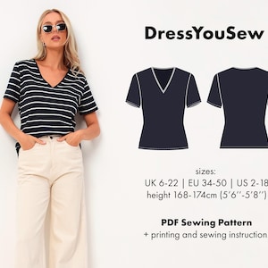 T-shirt pattern. T-shirt with a semi-fitted silhouette sewing digital PDF pattern, sizes UK6-22, EU 34-50, US2-18.