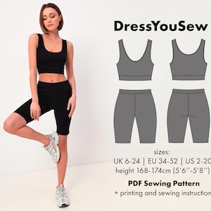 Sports set pattern. Sport top and cycling shorts sewing digital PDF pattern, sizes UK6-24, EU 34-52, US2-20.