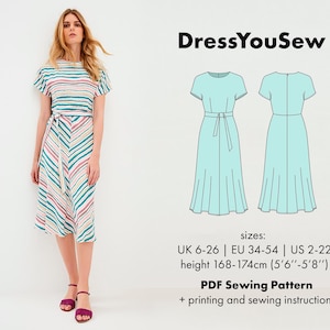 Dress pattern. Midi dress sewing digital PDF pattern, sizes UK6-24, EU 34-52, US2-20.
