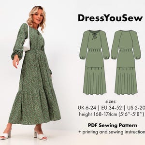 Kleiderschnittmuster. Maxi Kleid mit Rüschen Nähanleitung PDF PDF Nähanleitung, Größen UK6-24, EU 34-52, US2-20.
