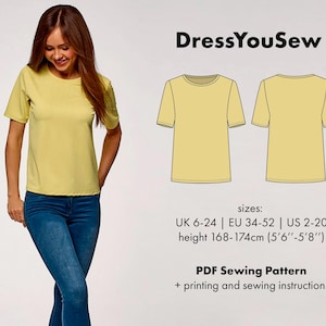 T-shirt pattern. Women&#39;s basic t-shirt sewing digital PDF pattern, sizes UK6-24, EU34-52, US2-20.