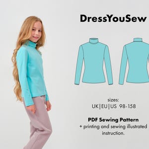 Könnte beinhalten: Ein junger Mensch trägt ein türkisfarbenes Rollkragenshirt und eine rosa Hose. Das Bild zeigt auch ein Schnittmuster für ein Rollkragenshirt mit dem Text "DressYouSew" und "PDF Sewing Pattern". Größen sind als UK, EU und US 98-158 angegeben.