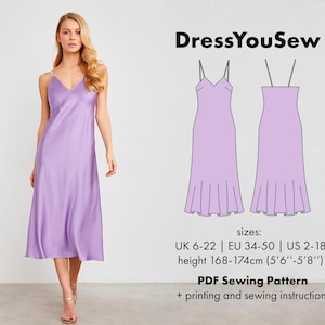 Dress pattern. Dress in lingerie style with shoulder straps sewing digital PDF pattern, sizes UK6-22, EU34-50, US2-18.