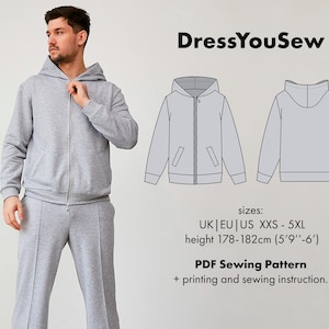 Hoodie pattern, men&#39;s zip-up men&#39;s hoodie  sewing digital PDF pattern. Sizes XXS- 5XL.