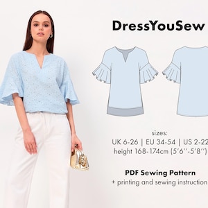 Women&#39;s blouse pattern. Summer blouse with flounce sewing digital PDF pattern, sizes UK6-26, EU 34-54, US2-22.