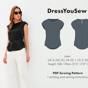 Women&#39;s top/blouse with rounded neckline. PDF digital sewing pattern, sizes UK6-24, EU34-52, US2-20.