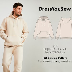 Hoodie pattern, men's hoodie with a kangaroo pocket sewing digital PDF pattern. Sizes XXS- 4XL, height 178-182cm.