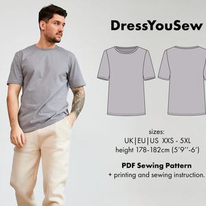 T-shirt pattern. Classic straight t-shirt  sewing digital PDF pattern, sizes  XXS-5XL.