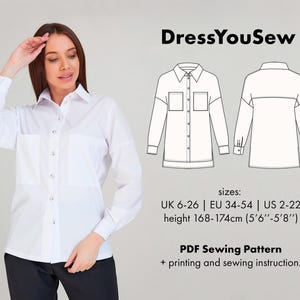 Women&#39;s shirt pattern. Shirt with dropped shoulders sewing digital PDF pattern, sizes UK 6-26, EU 34-54, US2-22.