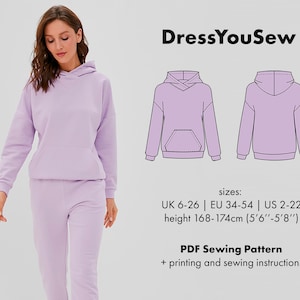Hoodie Schnittmuster. Kuscheliger Kapuzenpullover mit Kängurutasche, PDF, Grössen 34-54, US2-22.