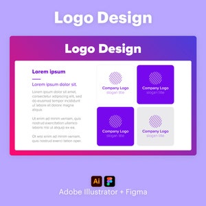 Könnte beinhalten: Ein Mockup einer Logo-Designvorlage mit vier Variationen eines purpurfarbenen und weiß gestreiften Kreislogos. Der Text "Company Logo" und "slogan title" befindet sich unter jedem Logo. Der Text "Lorem ipsum dolor sit" befindet sich auf der linken Seite des Bildes. Der Text "Logo Design" befindet sich oben im Bild.