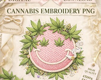 Coquette Cannabis Smiley Face PNG, Embroidery Style Weed Design, Cute Stoner Aesthetic, 420 Digital Download, Pink Girly Weed Art