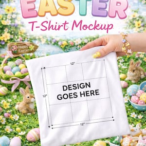 以下が含まれることがあります： 「DESIGN GOES HERE」の文字がグリッド状に配置された白いTシャツのモックアップ。春をテーマにした背景に配置されています。Tシャツの幅は30.48cmです。背景にはイースターエッグ、ウサギ、そして「EASTER」の文字が含まれています。