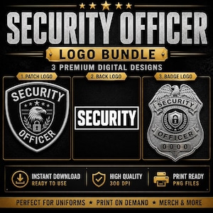May include: A digital logo bundle titled SECURITY OFFICER LOGO BUNDLE 3 PREMIUM DIGITAL DESIGNS. It features three designs: a shield-shaped patch logo with an eagle and padlock, a rectangular back logo with the text SECURITY, and a metallic badge logo.
