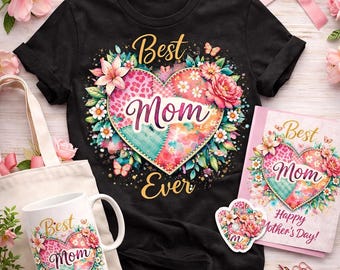 Floral Patchwork Heart Mom PNG, Mother's Day Sublimation Design (Digital Download)