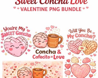 Concha & Cafecito Valentine PNG Bundle | Mexican Bakery Clipart (Digital Download)